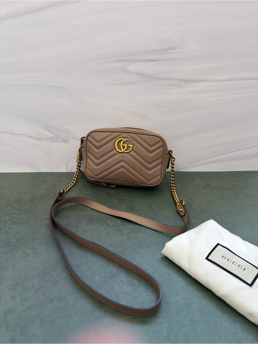 Gucci Taupe Quilted GG Marmont Crossbody Bag